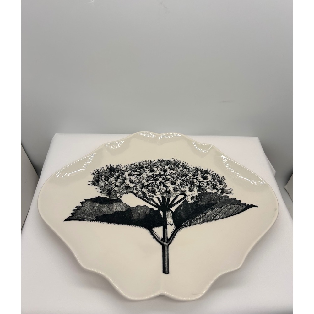 Creative Co-Op Hydrangea Stoneware Scalloped Serving Plate 12x10 Black White